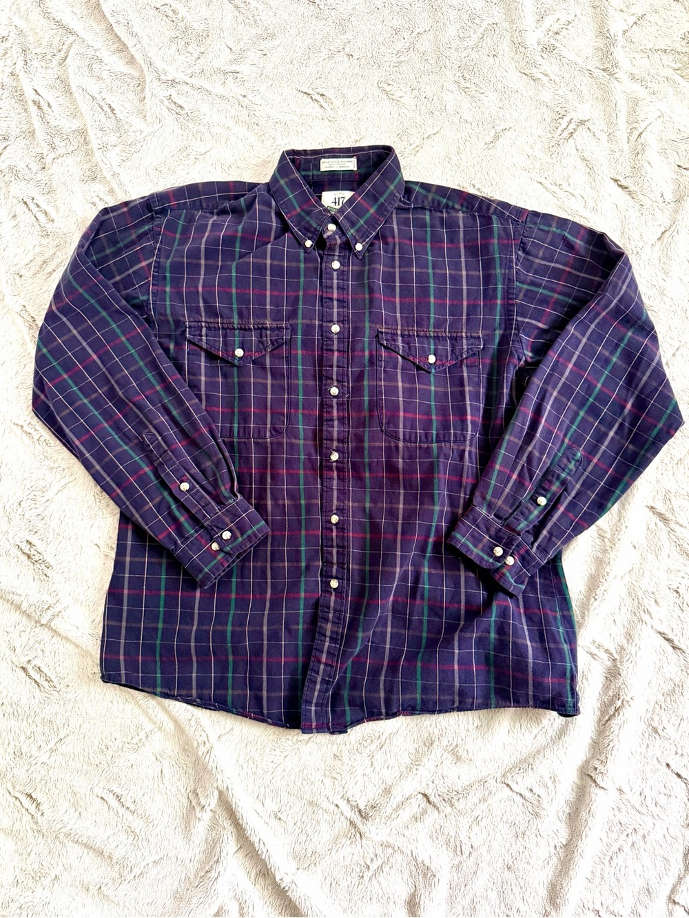 Vintage 417 Van Heusen Plaid Button Down Shirt L 100% Cotton Navy 90s Grunge